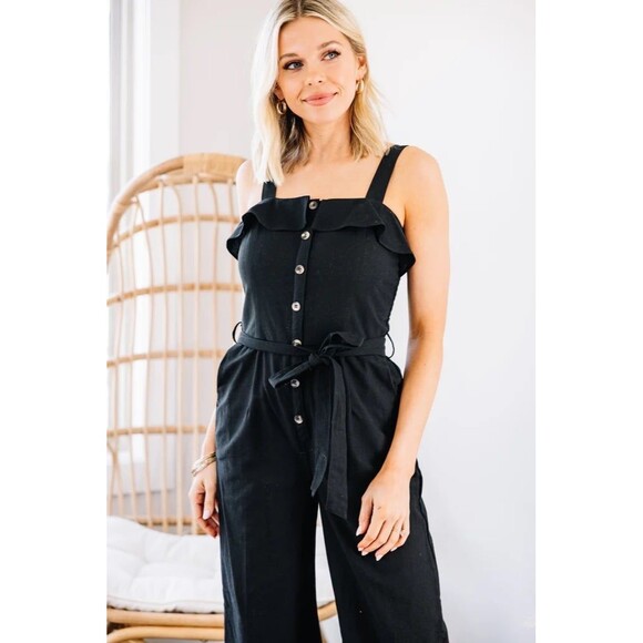 Billabong Ruffled Square Neckline Button Front Self Tie Belt Pockets Jumpsuit M - Picture 2 of 11